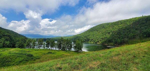 Scenic view of lake and trees against sky