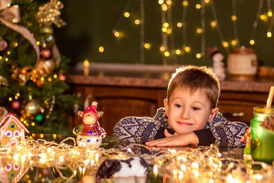 Portrait of boy with illuminated christmas lights