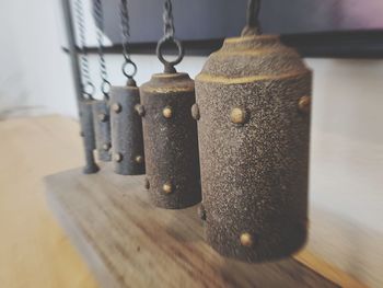 Close-up of old objects on table