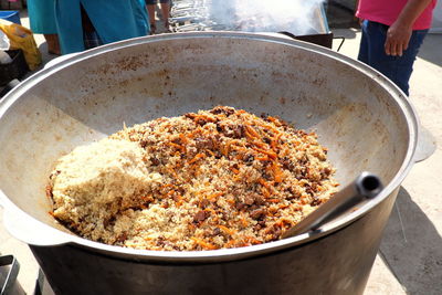 High angle view of meat in container