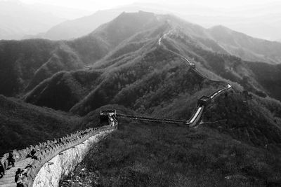 High angle view of road amidst mountains