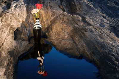 High angle view of reflection on rock formation in water