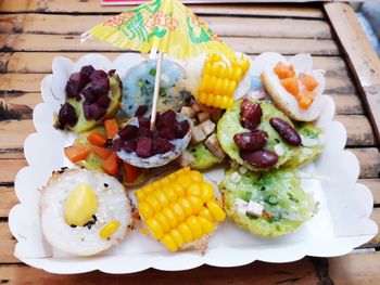 High angle view of meal served on table