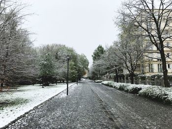 Road amidst bare trees during winter against sky