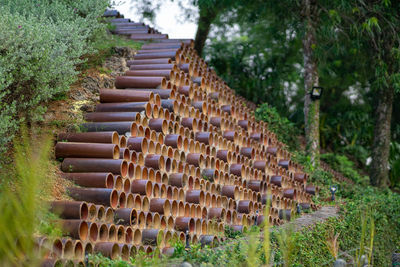 Stacked clay pipes in the garden