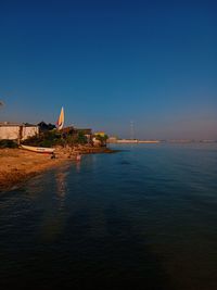 Scenic view of sea against clear blue sky