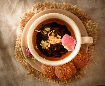 Directly above shot of breakfast served on table