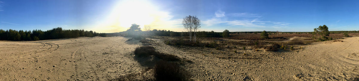 Panoramic view of people on field against sky