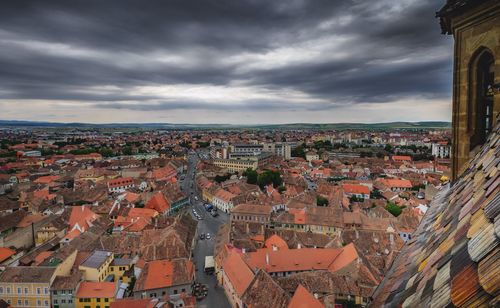 High angle shot of townscape against sky