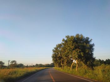 Road by trees on field against clear sky