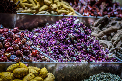 Close-up of spices in container at market stall for sale