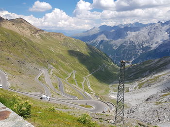 High angle view of road amidst mountains against sky