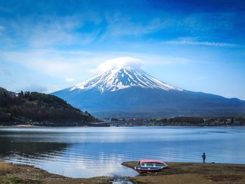 Scenic view of lake against cloudy sky