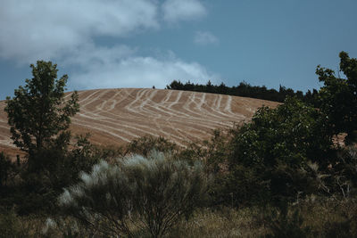 High angle view of field against sky