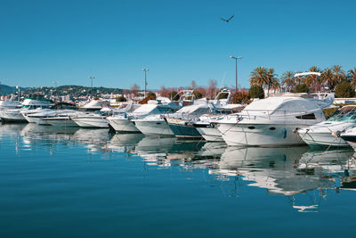 Sailboats moored at harbor against clear blue sky