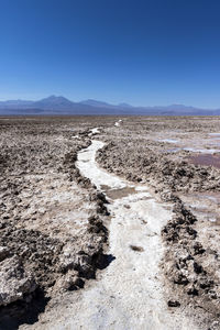 Scenic view of desert against clear blue sky