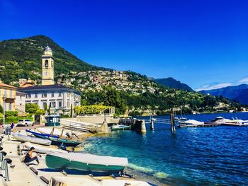 Scenic view of sea against clear blue sky