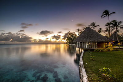 Scenic view of palm trees and houses against sky at sunset