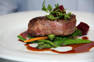 Close-up of served food in plate