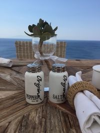 Close-up of flower on table at beach against sky