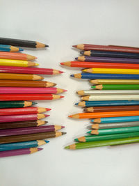 High angle view of colored pencils on table