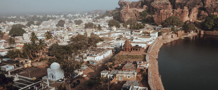 High angle view of buildings in town badami