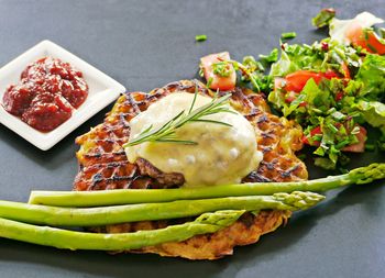 Close-up of meal served in plate on table