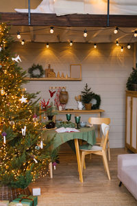 Cozy kitchen or living room with a dining table with a green tablecloth and a christmas tree