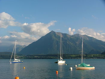 Sailboats sailing on sea against sky