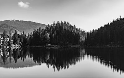 Reflection of trees in lake against sky