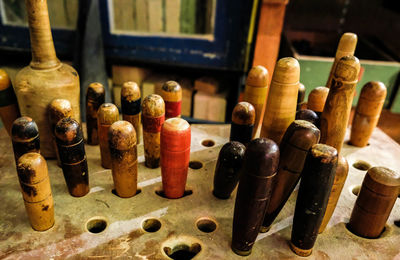 Close-up of wooden tools in workshop