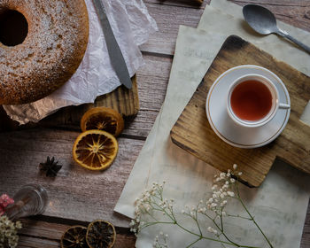 High angle view of tea cup on table