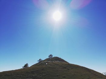 Low angle view of mountain against clear blue sky