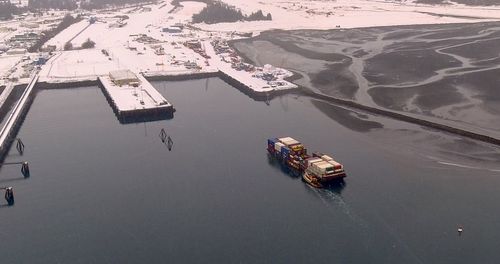 High angle view of ship in river