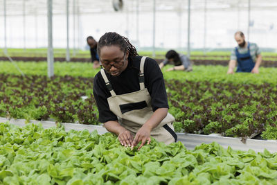 Portrait of young man gardening in greenhouse