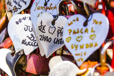 Close-up of heart shape made hanging