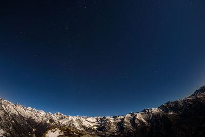 Low angle view of mountain against clear blue sky