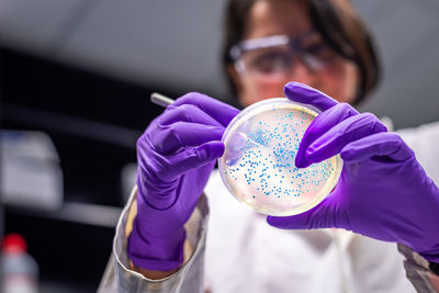 Close-up of scientist holding petri dish in laboratory