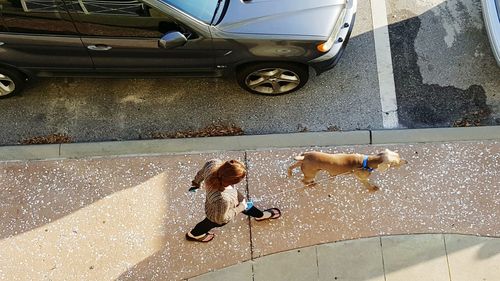 High angle view of people on road