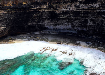 High angle view of water flowing through rocks
