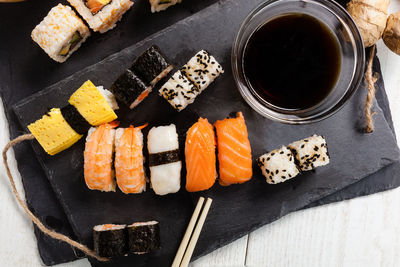 High angle view of sushi in plate