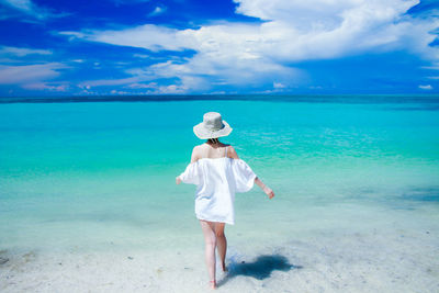 Rear view of man standing on beach against sky