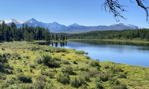 Scenic view of lake and mountains against sky