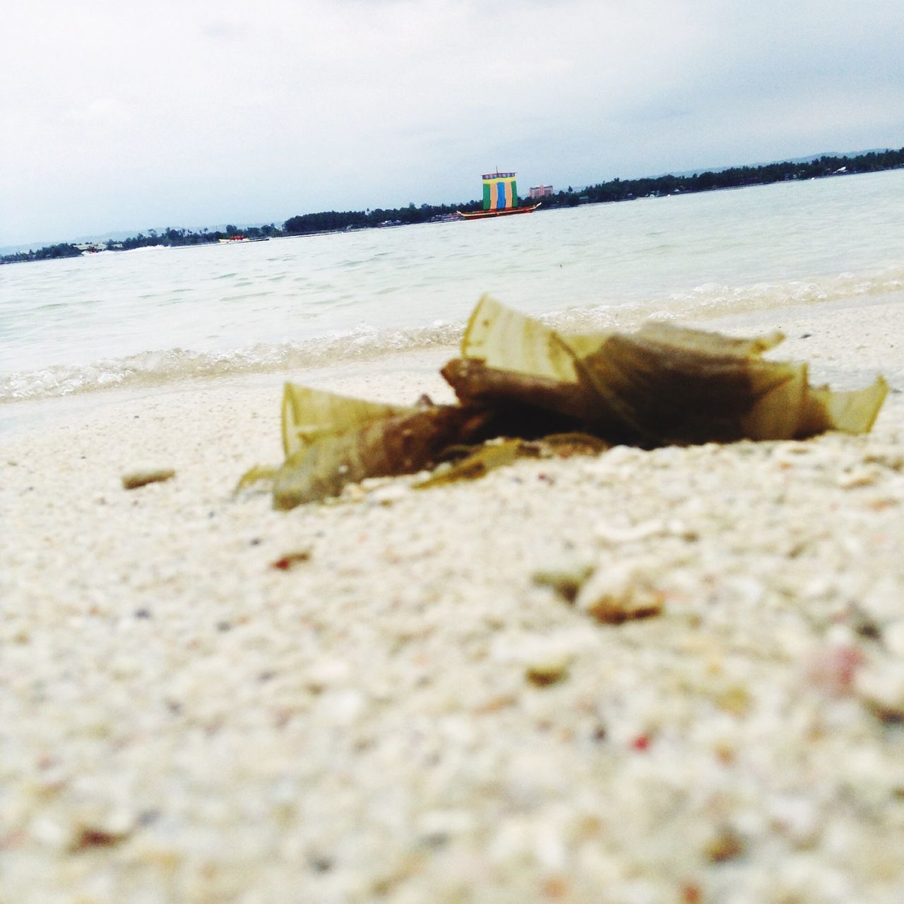 beach, sea, shore, water, sand, selective focus, surface level, sky, nature, rock - object, day, tranquility, no people, focus on foreground, outdoors, horizon over water, close-up, clear sky, stone - object, built structure