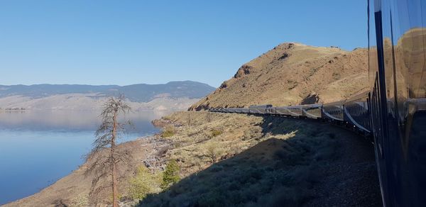 Scenic view of mountains against clear blue sky