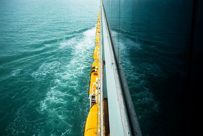 High angle view of ship sailing in sea