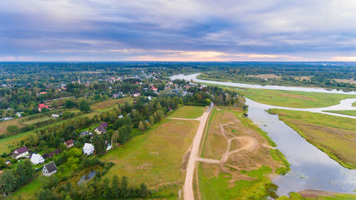 High angle view of field against sky