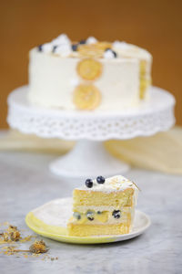 Close-up of cake in plate on table