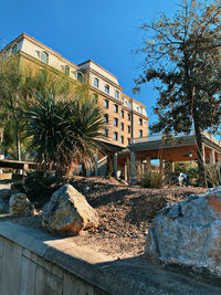 View of buildings against clear blue sky