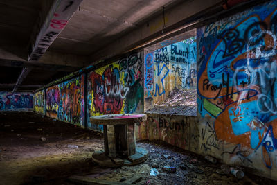 Colorful graffiti on wall in abandoned room